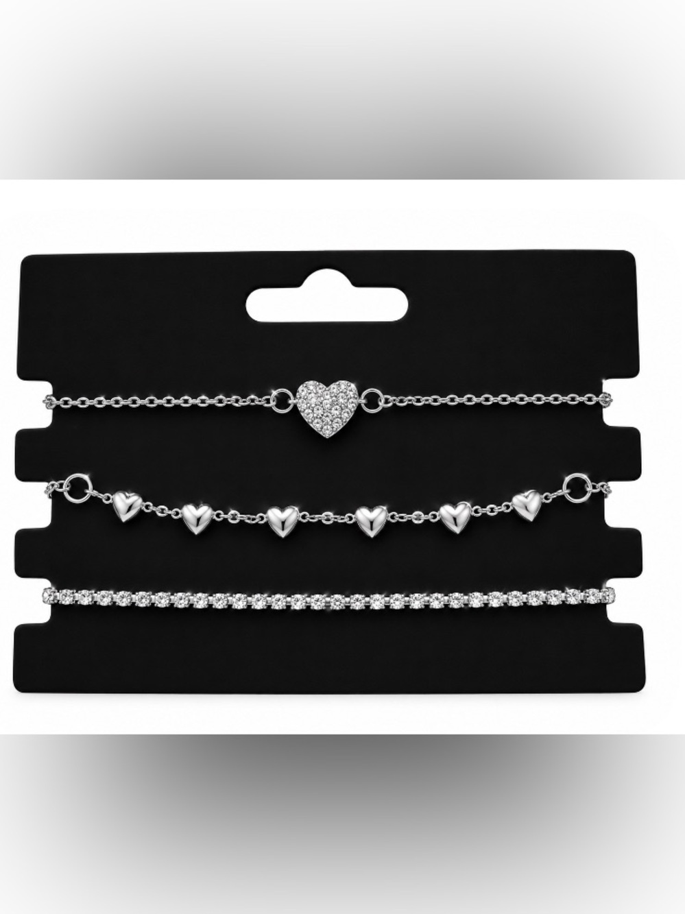 Silver Heart Trio Bracelet Set - Sparkling Crystal Accent